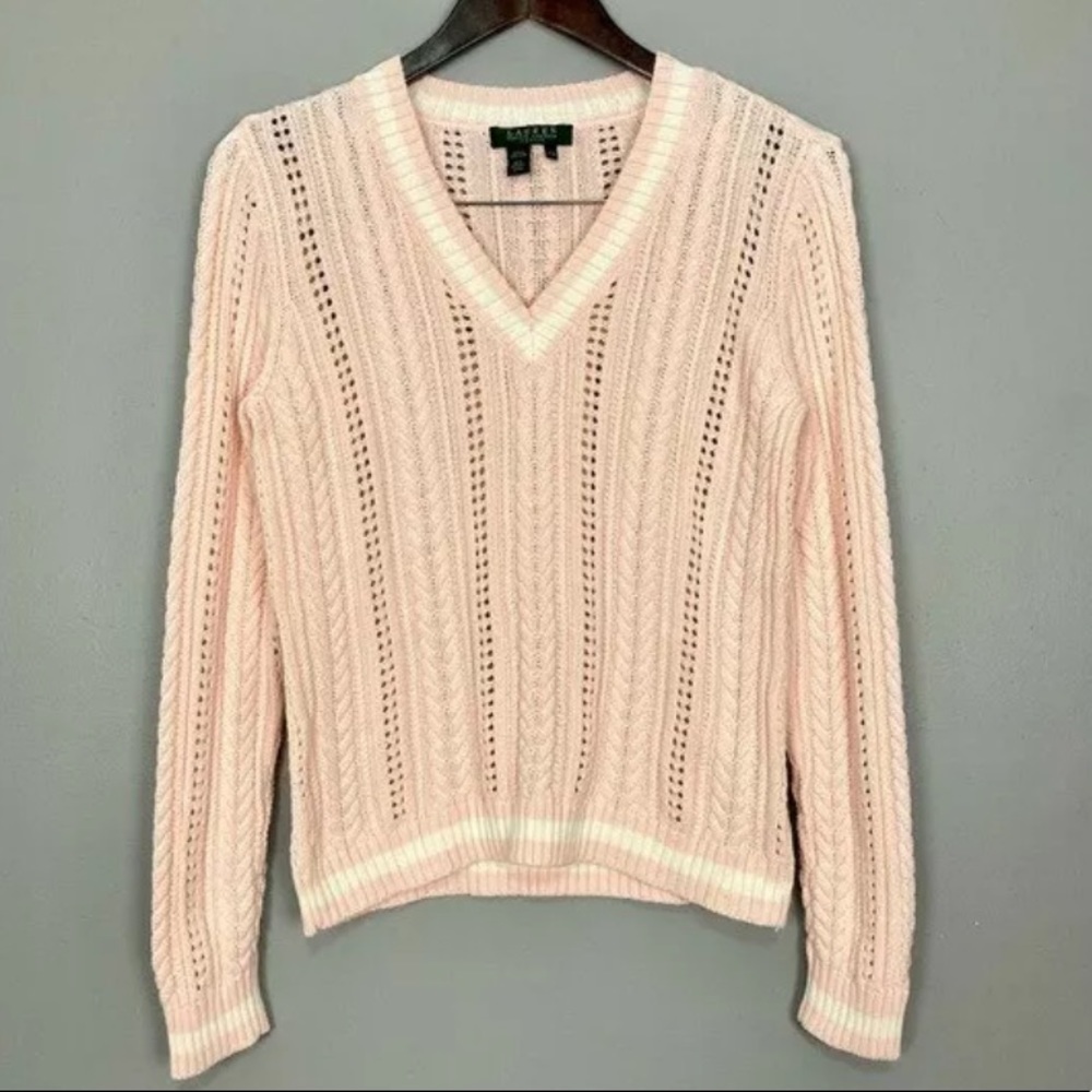 Ralph Lauren Vintage Tennis Sweater Petite Medium V Neck Open Knit Contrast Trim